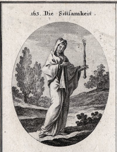 Allegory of modesty. She holds a sceptre above which is an eye that means that modesty must be far-sighted about itself. Engraving in 