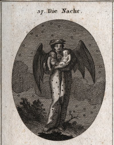Allegory of Night Represented with Bat Wings. She Holds Two Children Asleep, One White and the Other Black (Dream and Nightmare). Engraving in 