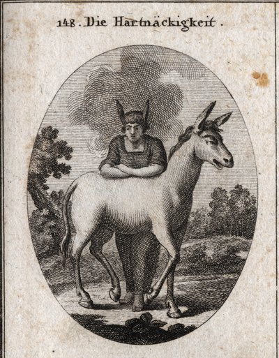 Allegory of obstinacy leaning on a mule. The donkey ears on his head are the emblem of ignorance and stubbornness. The steam around his head means his intelligence is dark. Engraving in 