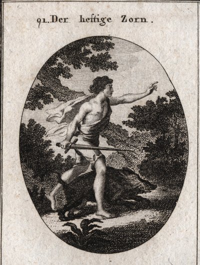 Allegory of Passion or Impetuosity represented by a teenager with a sword to mark that he follows anger. Its attribute is an irritating boar, an animal that always fights without regard to peril. Engraving in 