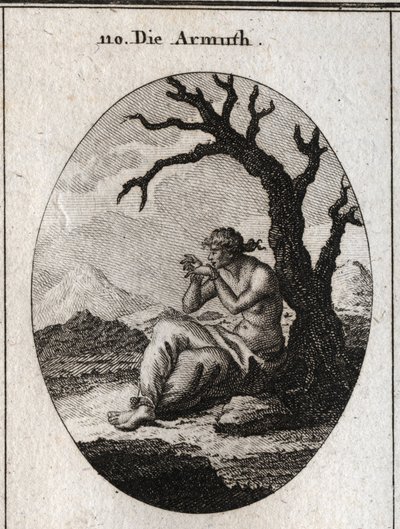 Allegory of Poverty Sitting at the Foot of a Dry Tree Growing in Arid Terrain. Her Feet and Hands Are Tied and She Tries to Undo Her Ties with Her Teeth; Engraving in 
