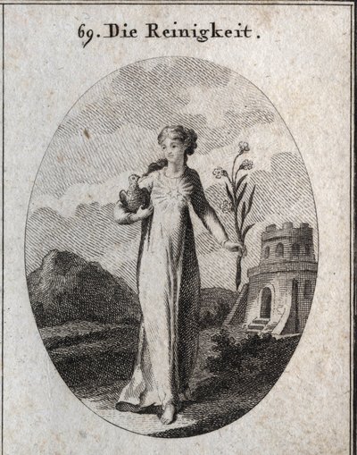 Allegory of purity. His attributes are the dove and the lily, symbols of candor. Engraving in 