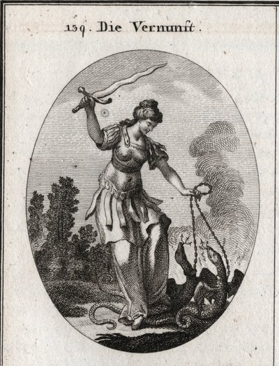 Allegory of reason, she holds a flamboyant sword from which she threatens the vices represented by snakes that she holds chains. Engraving in 