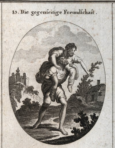 Allegory of Reciprocal Friendship. A Blind Man is Shown the Way by the Voice of a Mute Man on His Shoulders. Engraving in 