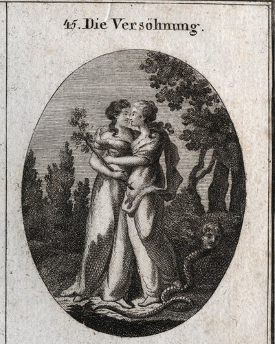 Allegory of reconciliation characterized by two women who kiss each other. One holds an olive branch, symbol of peace, and the other tramples under its feet a snake with human faces, emblem of fraud and malice. Engraving in 