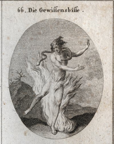 Allegory of remorse surrounded by burning flames with a snake that steals his heart. Engraving in 