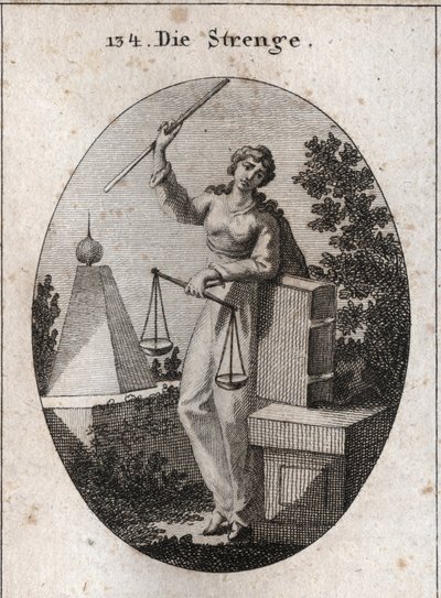 Allegory of rigor represented under a ferocity aspect holding with the right hand a rod of high iron and relying from the left on the book of laws. It has in the same hand a balance, one of which prevails over the other. Engraving in 