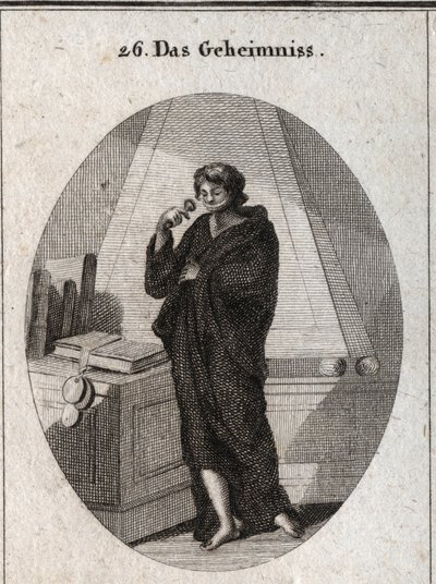 Allegory of Secret Covered in Black to Bury in Oblivion the Secrets Entrusted to Him. He has a headband on his mouth to which he adds a stamp. Engraving in 