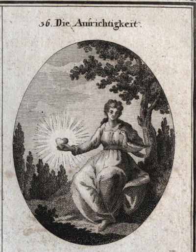 Allegory of Sincerity Holding a Dove Against Her Breast and Presents a Radiant Heart. Engraving in 