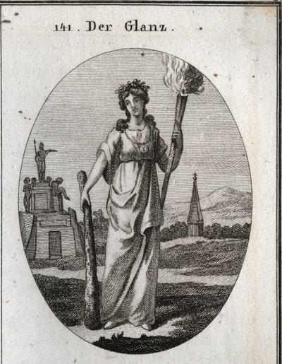 Allegory of splendor. The club on which she relies is the symbol of virtues. The chain and the gold medal are the reward. The light torch is light to beautiful deeds. Engraving in 