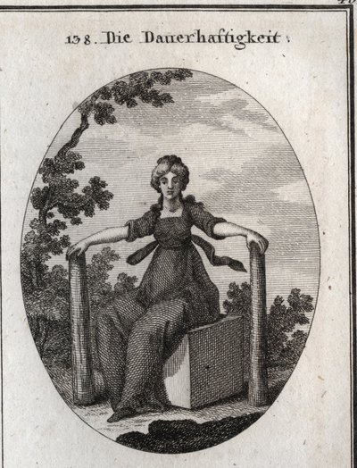 Allegory of stability sitting on a marble cube with two piles plumb plants in the earth. Engraving in 