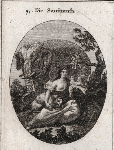 Allegory of Sweetness or Mansuetude, crown of olive trees for the symbol of peace. Its attribute is the elephant, representing the goodness of the heart, the lamb symbol of mansuetude and the dove, emblem of sweetness. Engraving in 