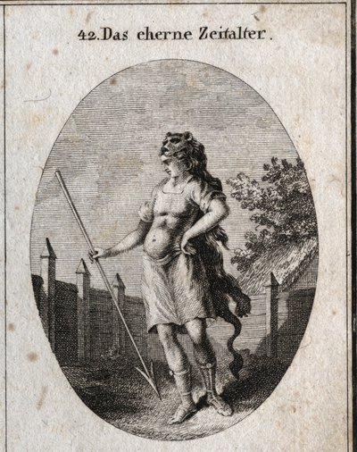 Allegory of the Copper Age represented as a sentinel near a fence in a proud attitude armed with a corselet and a javelin and cap of a lion