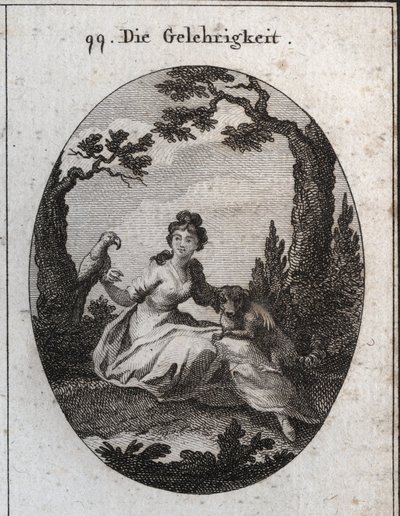 Allegory of docility. His attributes are the parakeet and the little dog because of their obedience and desire to please. Engraving in 