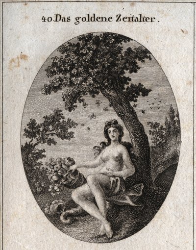 Allegory of the golden age represents with a horn of abundance of fruit, sitting beside an olive tree symbol of peace in the midst of which is a swarm of bees. Engraving in 