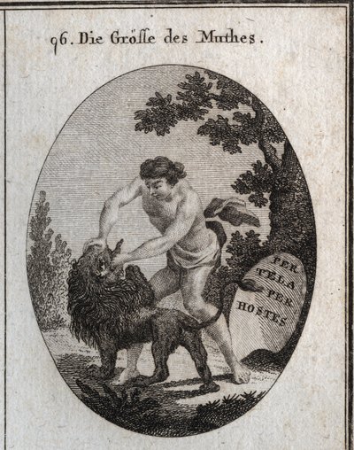 Allegory of the greatness of courage represented by a robust man who opens a lion