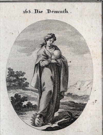 Allegory of humility. Under his foot, a crown of gold enriched with precious stones. She disdainfully considers a ball representing the earth of which she misses the grandeur. Engraving in “Iconologie oder Ideen aus dem Gebiete der Leidenschaften und Alleg by Austrian School