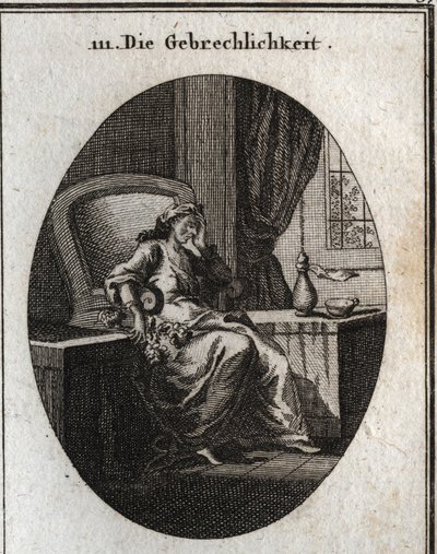 Allegory of Infirmity Represented Sitting in an Armchair, Holding with One Hand His Head and Holding in the Other a Branch of Wild Anemones Symbol of the Disease. Engraving in 