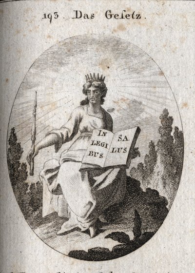 Allegory of the law. His radiant diadem marks his divine origin. The sceptre denotes its authority and the book is open or inscribed “In Legibus Salus” means that it promises a reward to those who obey it. Engraving in “Iconologie oder Ideen aus dem by Austrian School