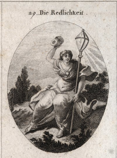 Allegory of loyalty (or sincerity) throwing a mask that is the attribute of feint and lie. Its emblem is a crystal lantern symbol of the lightning. A heart is drawn on his chest. Engraving in 