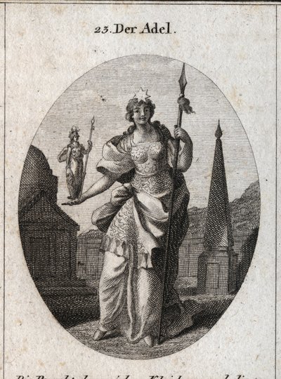 Allegory of the nobility. The star means the elevation of feelings. The statue of Minerva and the spear mark that it can acquire merit in science and weapons. Engraving in 