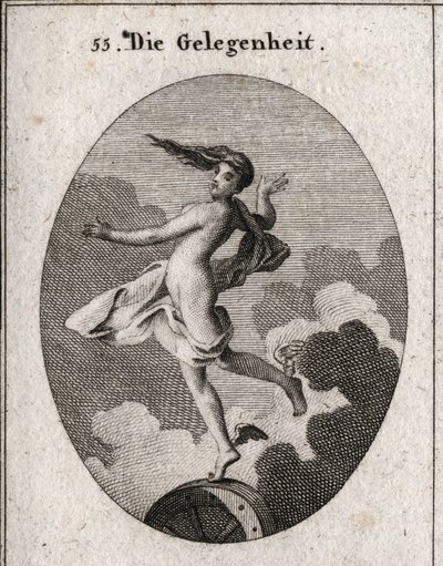 Allegory of the Occasion. With wings on the feet and hair forward, it rests slightly on a wheel. Engraving in 
