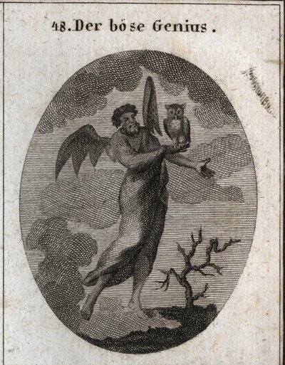 Allegory of the opposite genie represented by a bad genie with bat wings and holding an owl, bird of bad omen. Engraving in 