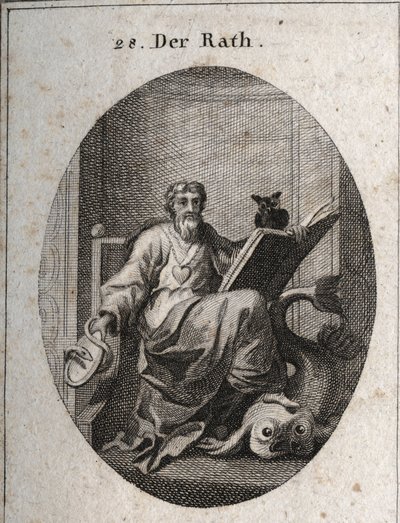 Allegory of the Representative Council with a gold chain and a heart, emblem of sincerity. The book and the owl symbolize the penetration of knowledge through study. The mirror surrounded by the snake is the symbol of caution. The dolphin he stops with his by Austrian School