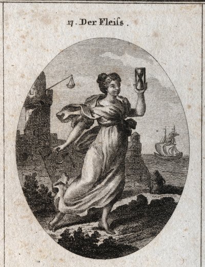 Allegory of diligence represented walking fast. Its attributes are the hourglass and the spur symbol of activity and accuracy. Engraving in 