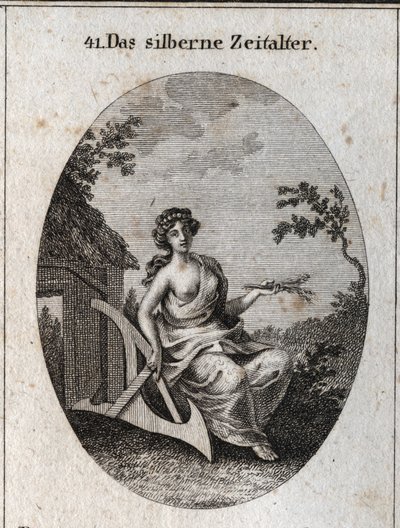 Allegory of the Silver Age with a Handle of Epis to Cultivate the Land and Wood to Make Huts. Engraving in Iconologie oder Ideen aus dem Gebiete der Leidenschaften und Allegorien bildich dargestellt fur Zeichner, Mahler, Dichter, Gelehrte, Erzieher und by Austrian School