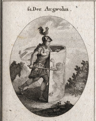 Allegory of suspicion cuts behind a shield on which stands a lion, symbol of suspicion according to Aristotle, and a rooster on the helmet that represents vigilance. Engraving in 