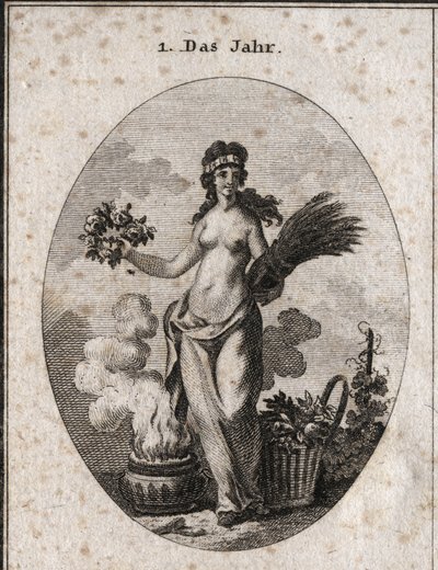 Allegory of the Year Surrounded by Symbols of the Four Seasons (Wreath of Flowers for Spring, Wreath of Wheat for Summer, Basket of Reason for Autumn and Vase of Fire for Winter). The Year is Half Dressed in Reference to the Degrees of Heat and Cold with by Austrian School