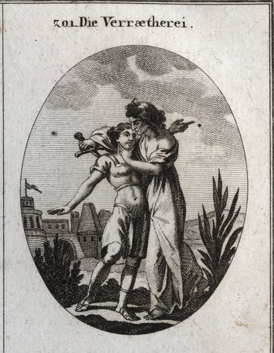 Allegory of treason. An awful old woman caresses a handsome young man and at the same time prepares to stab him. Engraving in 