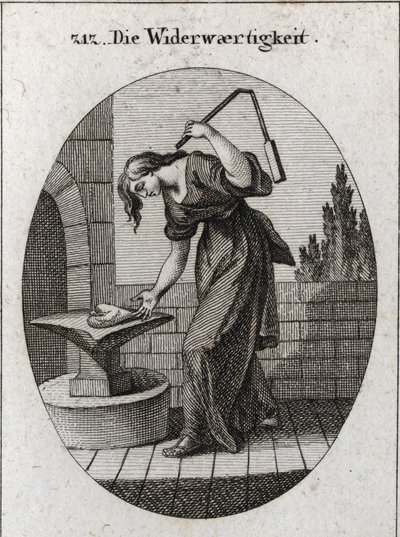 Allegory of tribulation. She holds a heart on an anvil and beats it with a small flower to mark that tribulation takes away all that is rude and unclean. Engraving in 