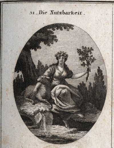 Allegory of utility. Crowned with grapes and leaning on a sheep, she holds an oak branch filled with fruits and leaves symbolizing things useful to life, just as the spring water near which she sits. Engraving in 