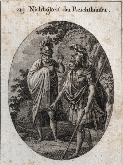 Allegory of vanity of riches: Emperor Constantine The Great traces on earth with his spear a human body and says 