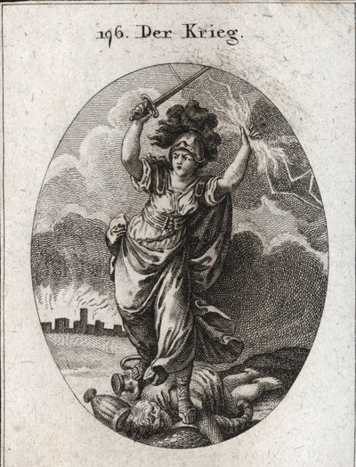 Allegory of War. She Holds a Lightning and a Nude Sword and Breaks Under Her Feet Gold and Silver Vases and a Statue of the God Plutus Which Is Symbolized by a Horn of Abundance and a Blindfold. At the Bottom, the Walls of a Ruined City. Engraving in 