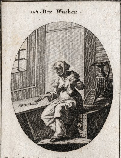 Allegory of wear sitting on a safe, she counts coins. Other wealth is near her for greater safety. Engraving in 