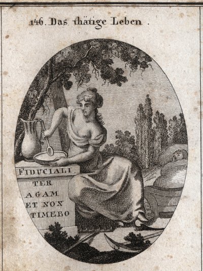 Allegory of Working Life Sitting in the Shade of a Vine. She is Represented Preparing to Eat in a Pond and Rocking with Her Foot a Child. Ploughing Instruments Are Placed Beside Her. Engraving in 