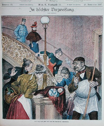 Cover of an Austrian Magazine Depicting a Baby Abandoned on a Staircase of a Block of Flats, 28th November 1897 by Austrian School