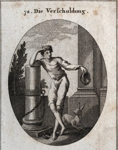 Debt allegory. The hare and the cap (green) he holds, as well as the chain attached to the ruined column, are the emblems that indicate that the debtor is always afraid that the insolvent will cause him to lose his honour or his freedom. Engraving. by Austrian School