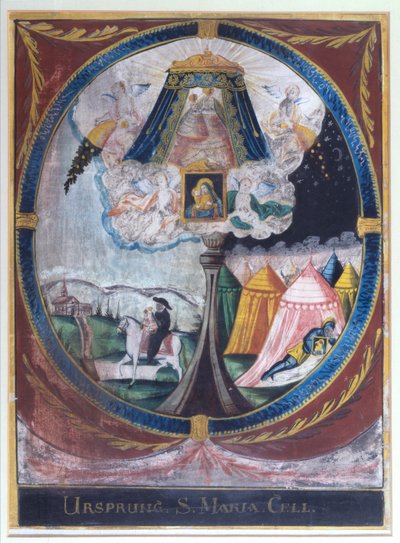 Depiction of the Monk Magnus bringing the miracle working wooden statue of the Virgin Mary to Mariazell in 1157 and of the Apparition of Our lady to a sleeping knight by Austrian School