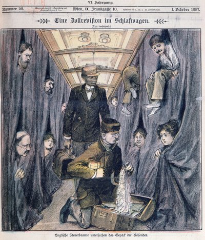 English customs officials examining luggage in a sleeper car by Austrian School