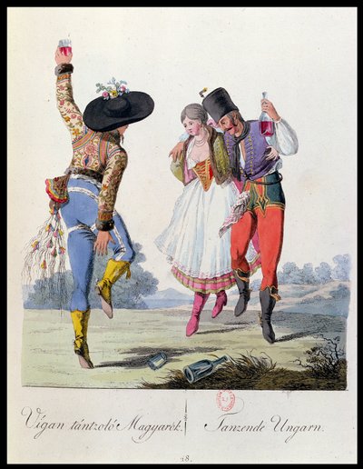 Hungarian Dancers in traditional dress, illustration from a book Costumes de Pannonie by J.H. de Bikkesy, published in Vienna, 1810 by Austrian School
