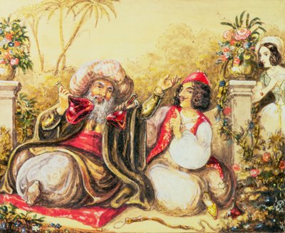 Pedrillo plying Osmin with drink, while Blonda waits in the background, scene from Act II, from 