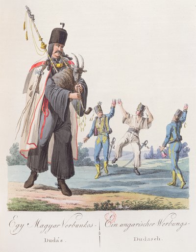 Soldiers of a Hungarian regiment performing a recruitment dance, illustration from a book Costumes de Hongrie, published in Vienna, 1810 by Austrian School