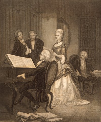 Wolfgang Amadeus Mozart accompanying Caterina Maddalena Giuseppa (engraving) by Austrian School