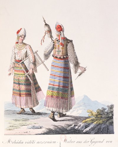 Women in traditional dress of the Mehadia region, illustration from a book Costumes de Hongrie by J.H. de Bikkesy, 1810 by Austrian School