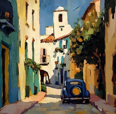 Sunny Village Blue Car by Avanesova Elena