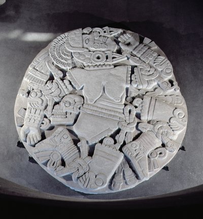 Carving of the dismemberment of the moon goddess Coyolxauhqui, found at the foot of the twin pyramid in Tenochtitlan, Late Post Classic Period (1300-1521) by Aztec
